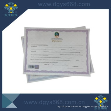 Certificado de papel de marca de seguridad